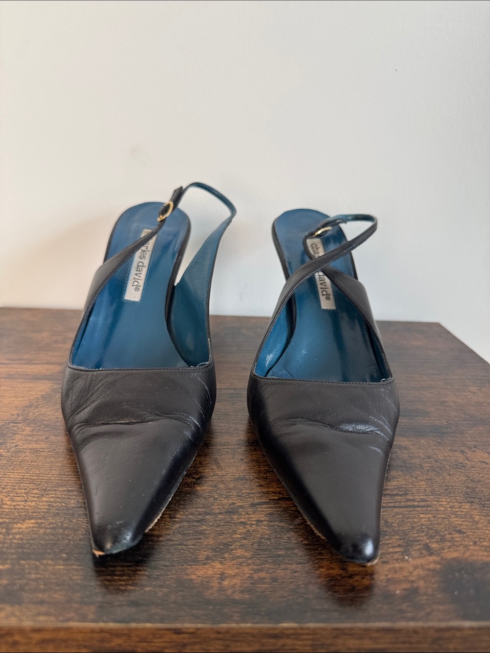 Charles David Black Pointed Slingback Heels with Blue Insole